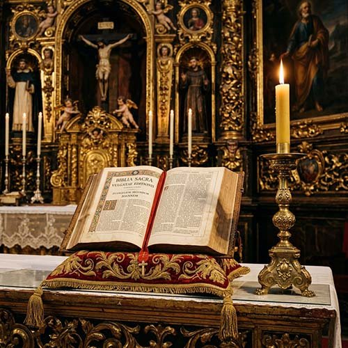 Biblia abierta sobre un altar de piedra junto a una vela encendida y un crucifijo