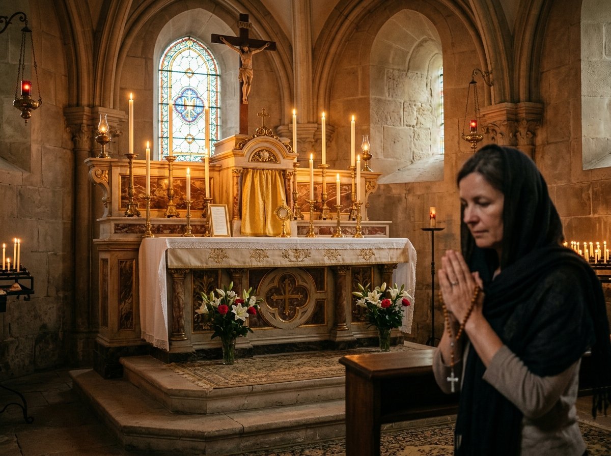 Altar de iglesia católica preparado para la oración de la Coronilla de la Divina Misericordia
