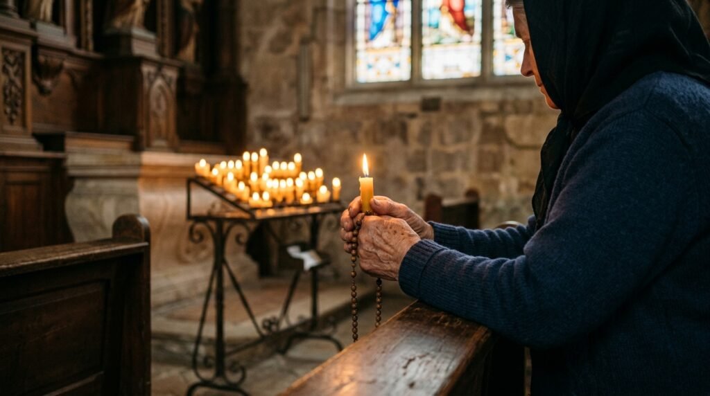 Vela encendida ante la devoción de la Oración a San Judas Tadeo en un altar.