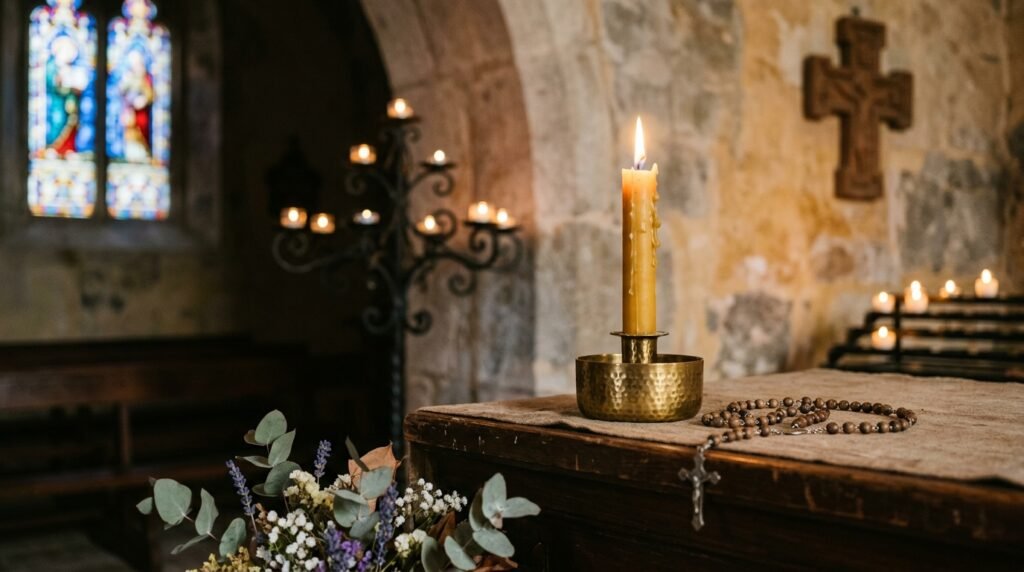 Imagen de San Judas Tadeo causas dificiles iluminada por velas en una iglesia.