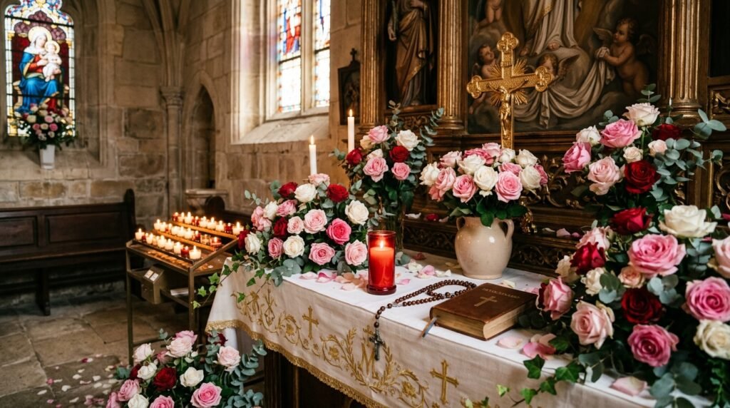 Rosas bendecidas en honor a Santa Rita de Casia sobre un altar.