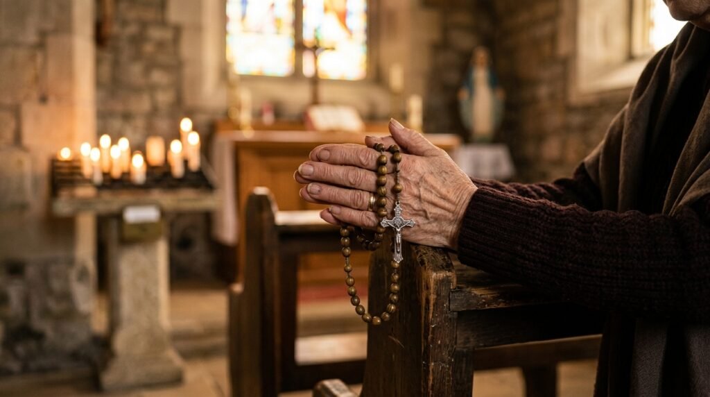 Manos sosteniendo un rosario en oración contemplando el significado del ave maria
