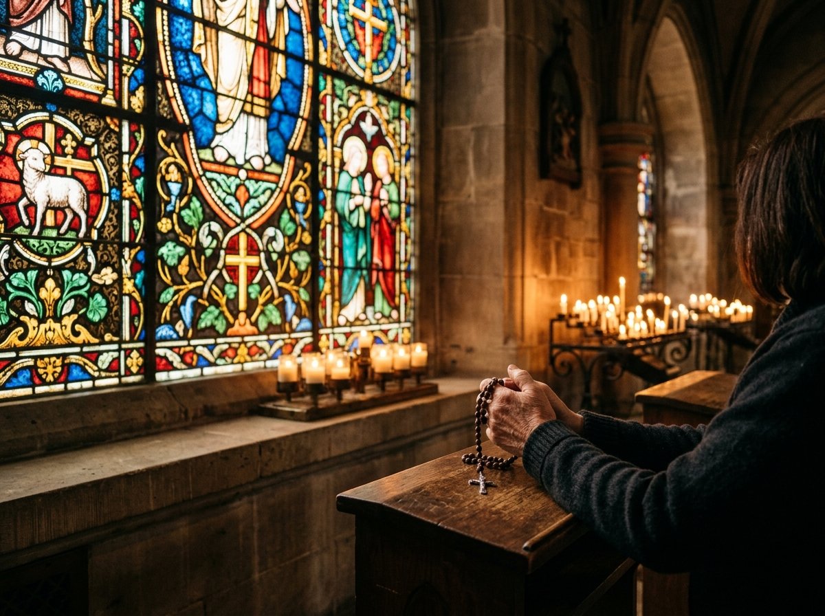 Vitral de una iglesia católica que representa la salutación angelical a la Virgen María