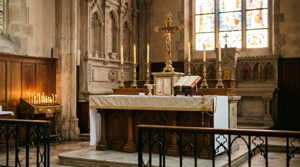 Altar en honor a la imagen de la Virgen de Guadalupe y la vida de San Juan Diego.