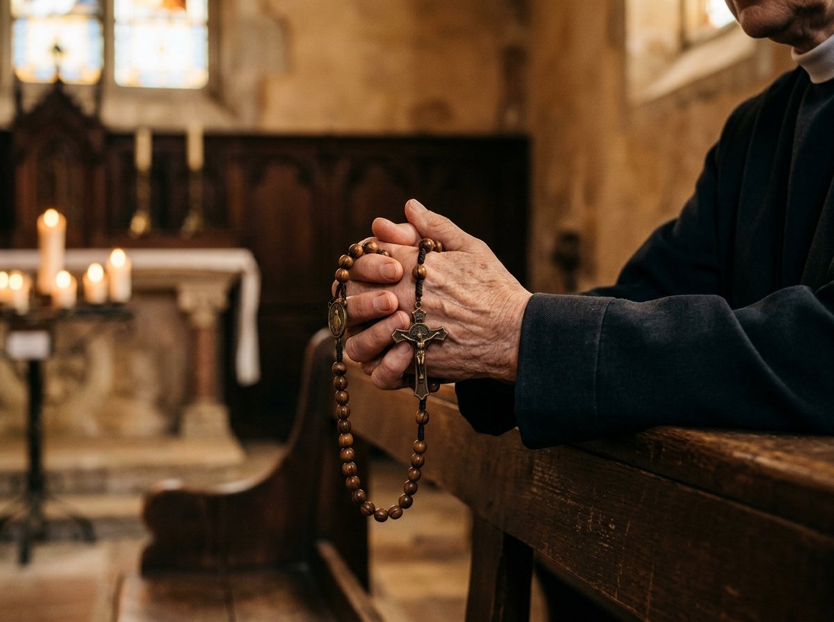 Manos en oración sosteniendo un rosario recordando la fe viva de San Juan Diego.