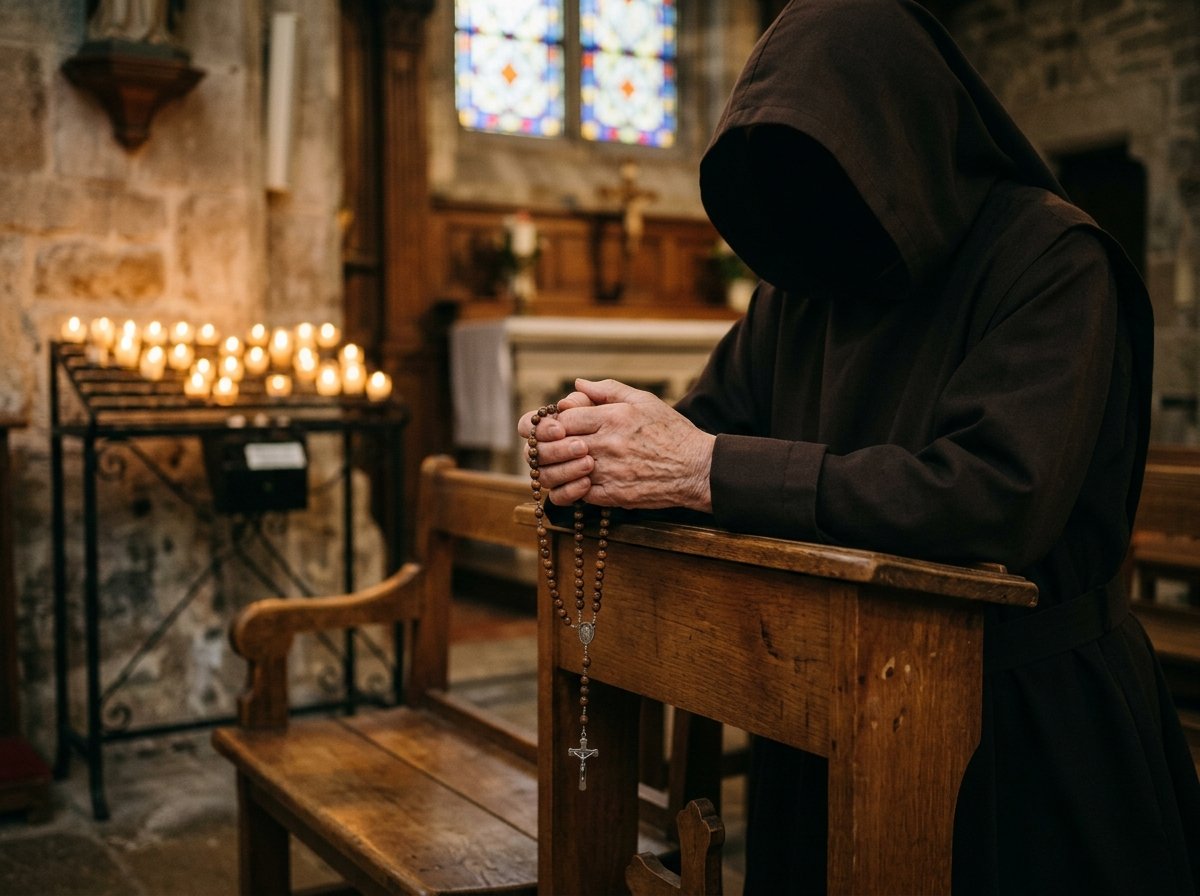 Manos sosteniendo un rosario en oración ante la Virgen de Guadalupe Tepeyac