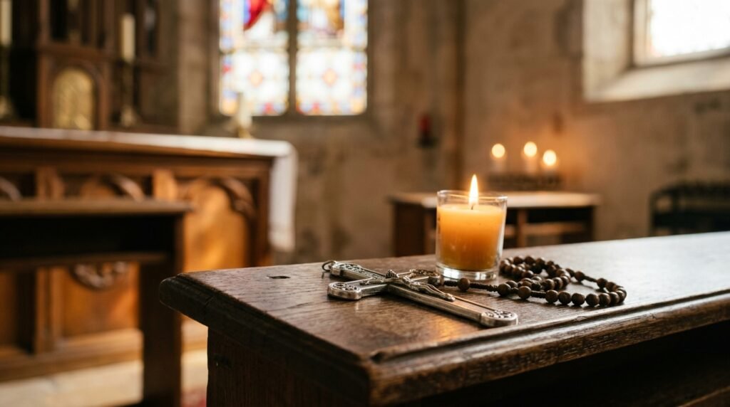 Medalla de San Benito de plata sobre una Sagrada Biblia abierta